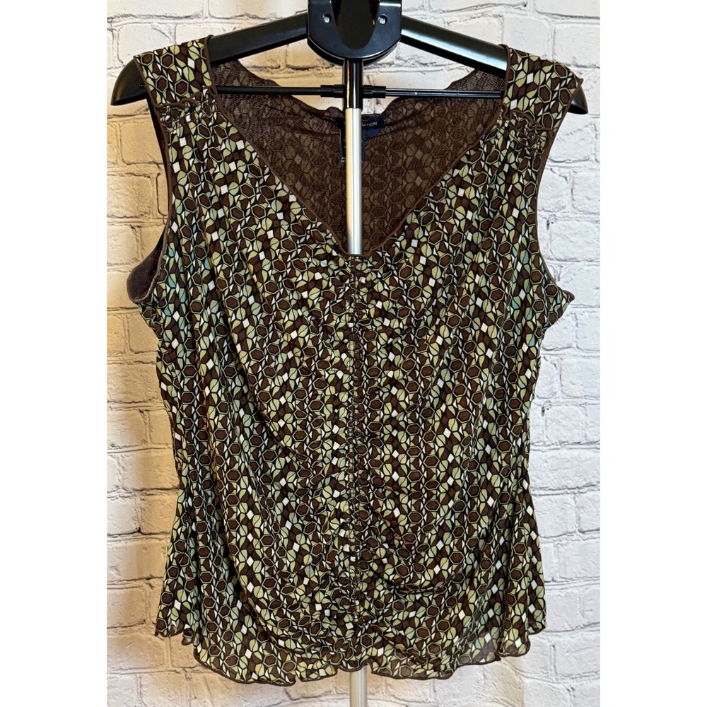 Max Edition Womens XL Brown Green Geometric Mesh Ruched‎ V-Neck Shell Top